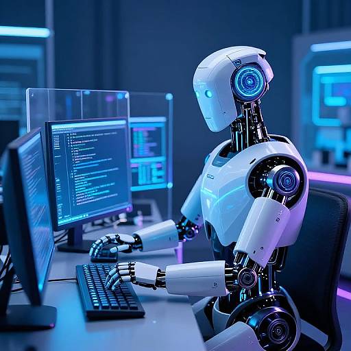 Photograph of a white humanoid robot working at a futuristic, blue-lit computer desk with multiple monitors displaying code.