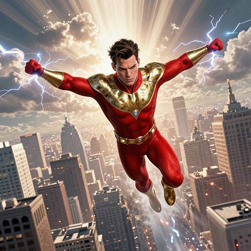 Digital art of a muscular, dark-haired man in a red and gold superhero suit, flying above a cityscape with lightning bolts.