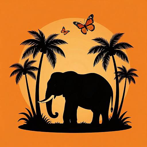 Silhouette of an elephant with two butterflies and palm trees against a bright orange sunset, creating a tropical, serene scene.