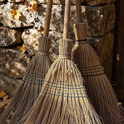 Photograph of three rustic, straw brooms with black twine bindings, leaning against a sunlit, weathered stone wall with autumn leaves.