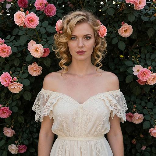 Photograph of a blonde woman with curly hair, wearing an off-shoulder white lace dress, standing in front of a dark green leafy background