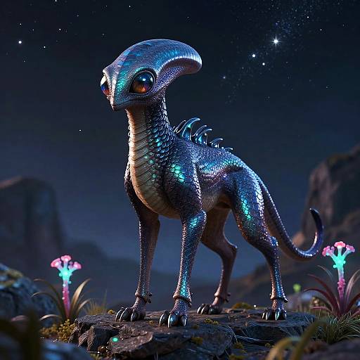 Digital CGI of a shiny, blue-scaled, alien creature with large orange eyes standing on a rocky night landscape, surrounded by glowing mushrooms and stars in
