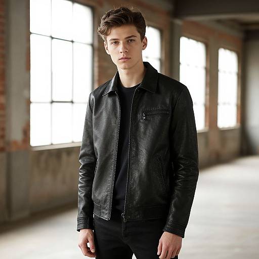 Photograph of a young white man with short brown hair, wearing a black leather jacket over a black shirt, standing in a brightly lit, industrial-style