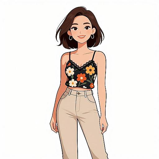 Digital illustration of a smiling woman with short brown hair, wearing a black floral crop top and beige high-waisted pants. White background.