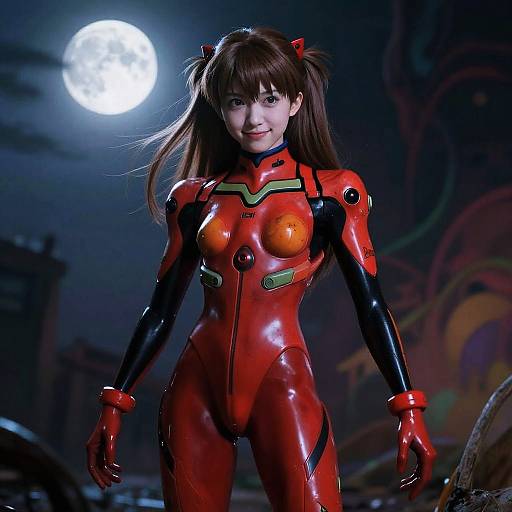 Photorealistic CGI of Asuka Langley Soryu from Neon Genesis Evangelion, in a shiny red and black plug suit, under a full