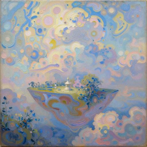 Abstract painting of a floating island with a small white structure, surrounded by swirling blue, pink, and yellow clouds.