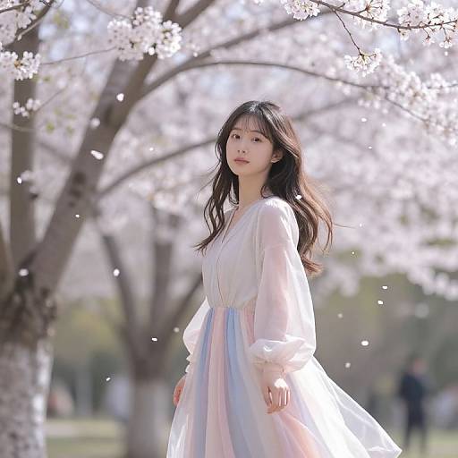 Photograph of an Asian woman with long black hair, wearing a white and pastel blue flowing dress, standing in a cherry blossom tree-filled park.