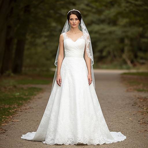 Photograph of a young woman with dark hair in a white lace wedding dress and veil, standing on a forest path.