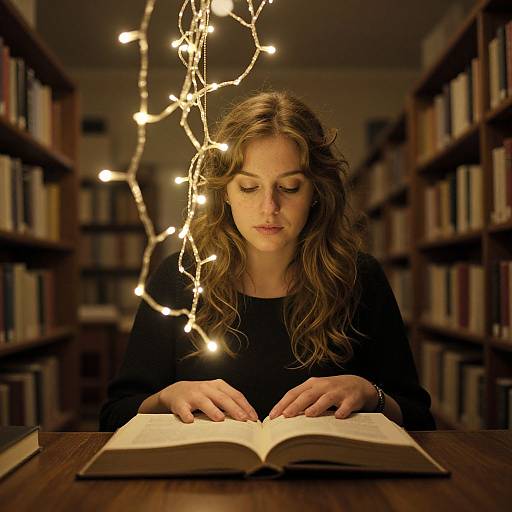 Photograph of a young woman with wavy brown hair, wearing a black top, reading an open book in a dimly lit library, illuminated by