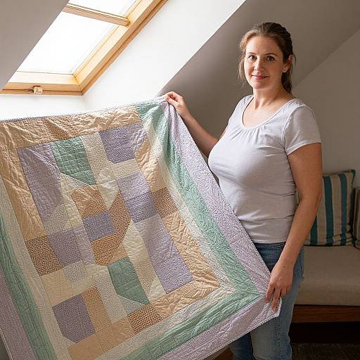 Photograph of a smiling, light-skinned woman with brown hair in a white shirt, holding a colorful quilt in a sunlit attic room.
