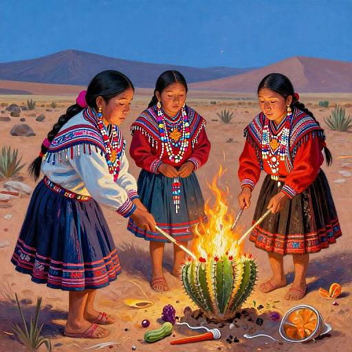 Three Indigenous women in traditional red and blue embroidered dresses roast a cactus over an open fire in a desert landscape.