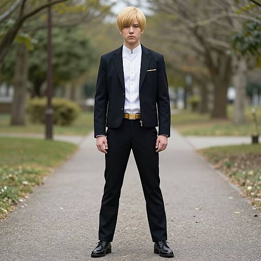 Photorealistic CGI of a blonde, stern-faced man in a black suit, white shirt, and gold belt standing on a park path.
