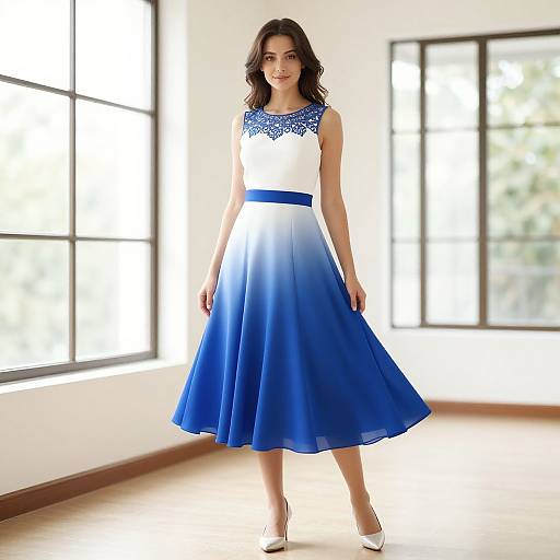 Woman in White and Blue Dress
