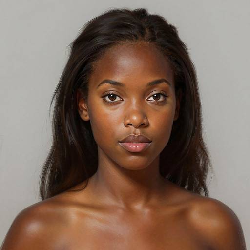 Photograph of a beautiful, young, dark-skinned woman with long, black hair, glossy lips, and an intense gaze, against a plain white