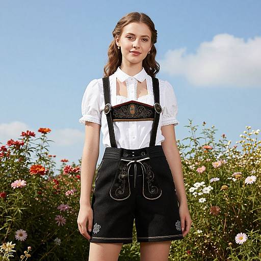 Photograph of a young woman with fair skin and brown hair, wearing a white blouse and black dirndl shorts, standing in a bright, sunlit