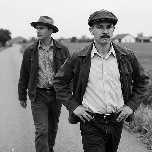 Black-and-White Portrait of Two Men on Rural Road