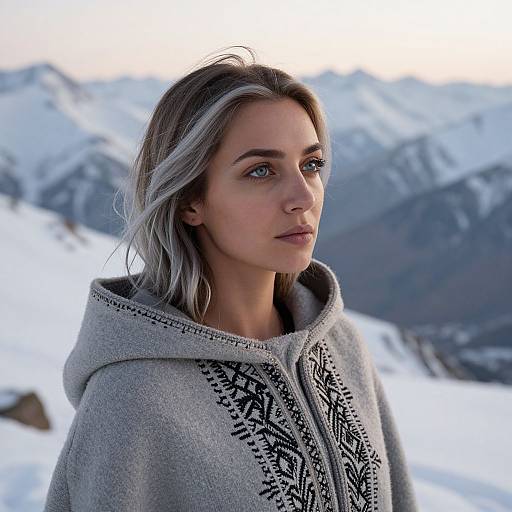 Photograph of a young woman with fair skin and grayish-blonde hair, wearing a gray, patterned hooded sweater, standing in a