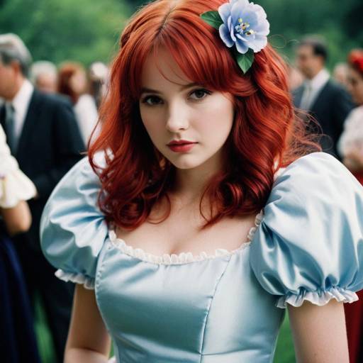 Woman in Vintage Blue Dress with Red Hair and Flower Hair Ornament