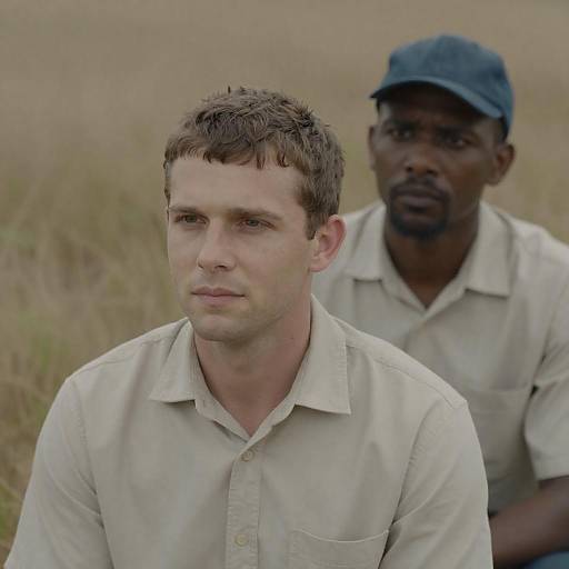 Two men in field with blowing grass