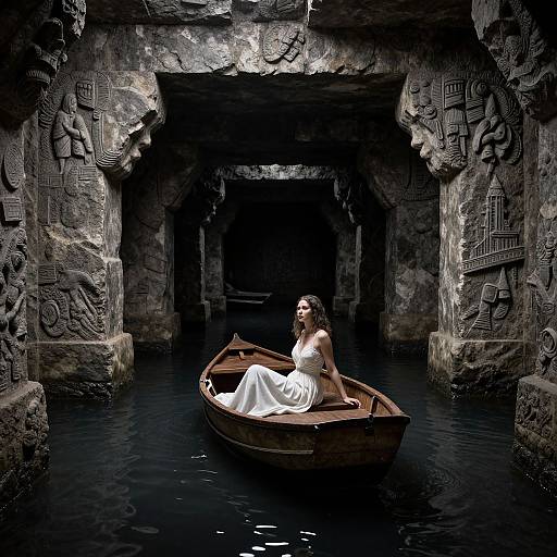 Photograph of a woman in a white dress in a wooden boat, floating in dark, carved stone waterway with ancient symbols.