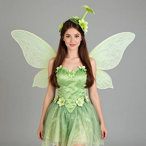 Photograph of a young woman with long brown hair, green fairy costume with translucent wings, flower headpiece, and green flower accents.