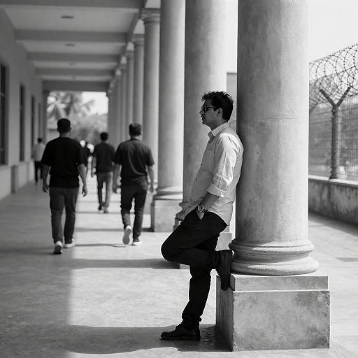 Man in Colonnade with Strong Shadows
