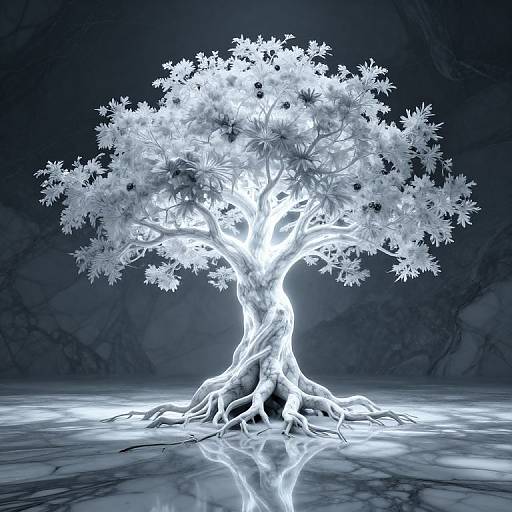 Digital artwork of a glowing, white, luminescent tree with intricate, leafy branches and exposed, illuminated roots against a dark, reflective background.