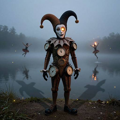 Photograph of a clockwork jester with white face, glowing eye, black hat, and clock armor, standing by a misty lake with shadow