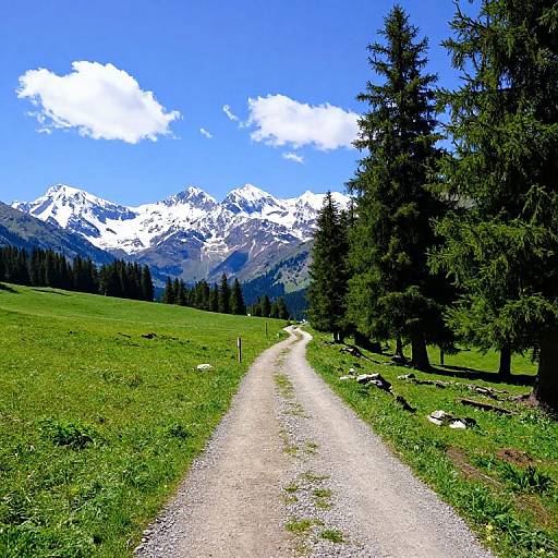 Photograph of a sunny, mountainous landscape with a gravel path leading through green grass, tall trees, and snow-capped peaks under a bright blue