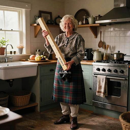 Photograph of smiling elderly woman with short gray hair, wearing patterned blouse, plaid apron, holding wooden spoon, standing in cozy kitchen.