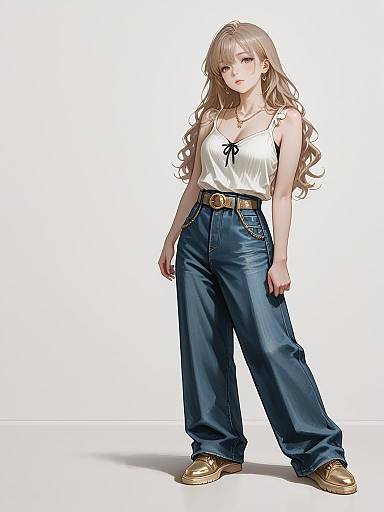 Digital anime-style drawing of a blonde woman with long wavy hair, wearing a white sleeveless top, blue high-waisted jeans, and brown