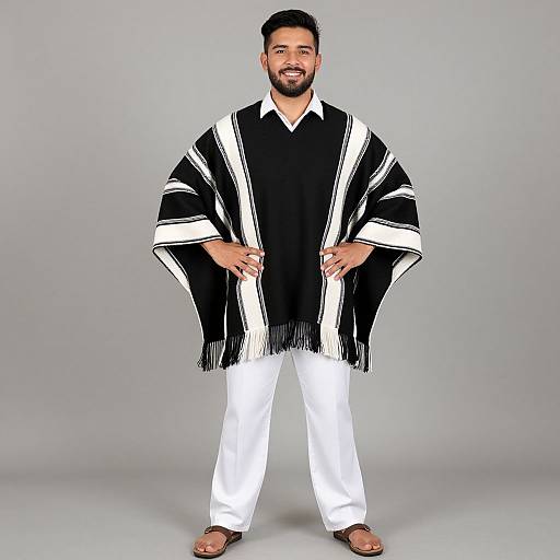 Photograph of a bearded man with short black hair, wearing a black and white striped poncho, white pants, and brown sandals, standing against