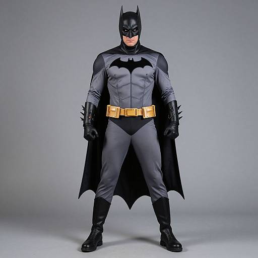 Photograph of a muscular man in full Batman costume with black cowl, gray suit, bat emblem, yellow belt, black boots, and gloves,