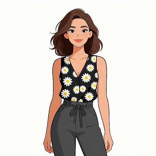 Smiling Woman in Chic Daisy Outfit