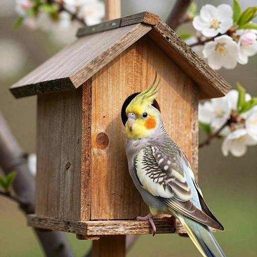 Cockatiels Nesting in Rustic Birdhouse