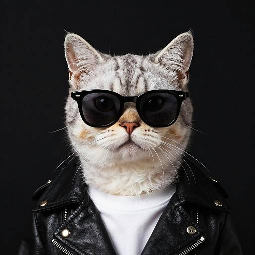 Photograph of a white tabby cat with black sunglasses, wearing a black leather jacket over a white shirt, against a black background.