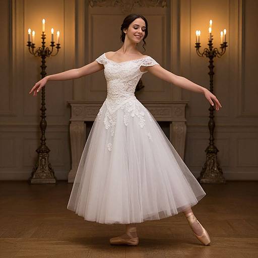 Photograph of a smiling brunette ballerina in a white lace and tulle dress, dancing en pointe in an elegant room with ornate walls