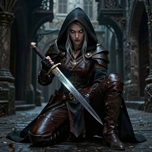 Digital fantasy artwork of a hooded, green-eyed female warrior kneeling, gripping a silver sword, in a dark, Gothic stone courtyard.