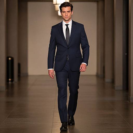 Photograph of a handsome man with short dark hair, wearing a dark navy suit, white shirt, and black tie, walking confidently down a dimly