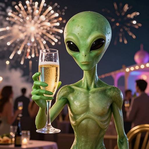 Alien Party Celebration with Fireworks