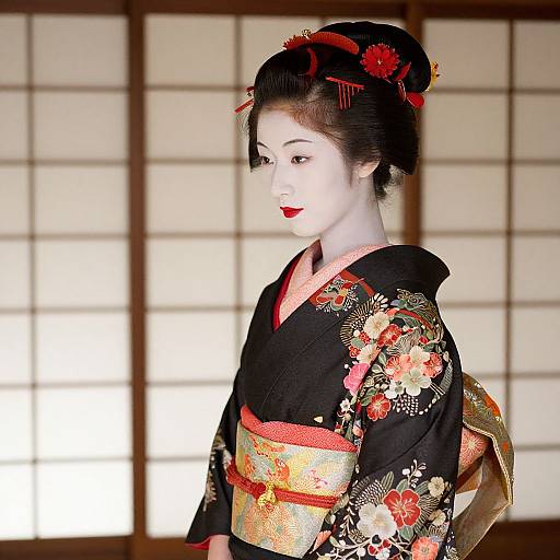 Photograph of a Japanese woman in a black floral kimono with orange obi, red hair ornaments, and pale makeup, standing in a traditional sh