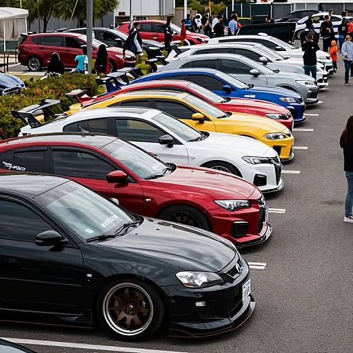 Photograph of a colorful row of parked sports cars, including red, black, white, yellow, and blue, with people standing and looking at them
