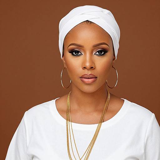 Photograph of a young Black woman with dark skin, wearing a white headwrap, white shirt, gold hoop earrings, and multiple gold necklaces,