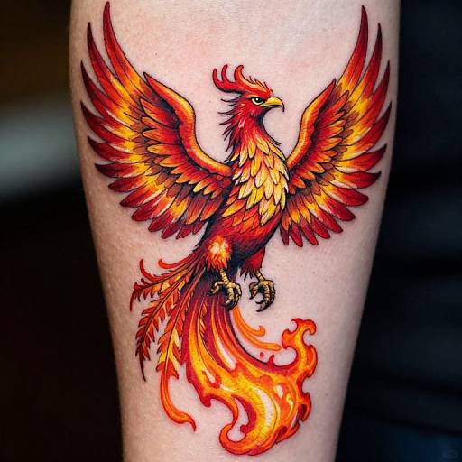 Vibrant phoenix tattoo on human leg, featuring red, orange, and yellow flames with outstretched wings and fiery tail, in vivid color.