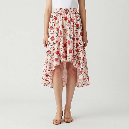 Photograph of a woman's lower torso and legs, wearing a white top and a pink floral A-line skirt with red and blue flowers, standing in
