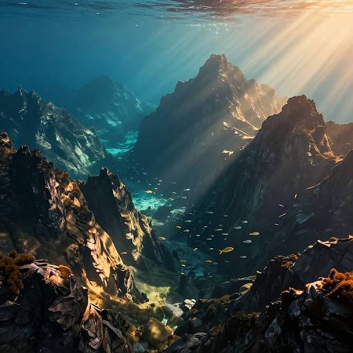 Photograph of underwater mountainous landscape with sunlight rays illuminating dark, rugged peaks and scattered small fish swimming in clear blue water.