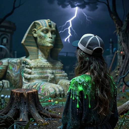 Photograph of a person with long hair and a white baseball cap, back facing, standing in front of a graffiti-covered Anubis statue with a