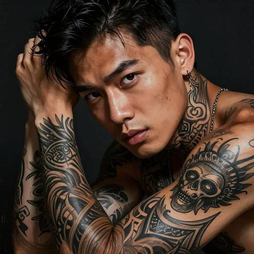 Photograph of a muscular, tattooed Asian man with short black hair, intense gaze, and intricate skull and tribal arm tattoos, against a dark background