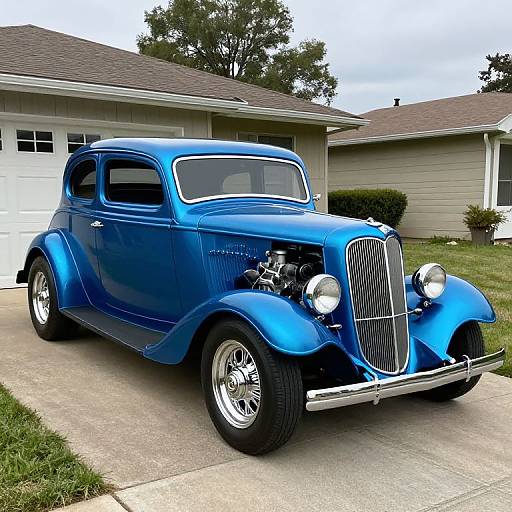 Photograph of a shiny blue, vintage 1930s sedan with chrome details, parked on a suburban driveway, beside beige houses and green lawn.
