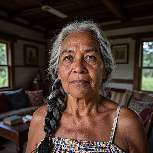Photograph of an elderly woman with long gray braided hair, green eyes, and wrinkled skin, wearing a colorful patterned top, in a
